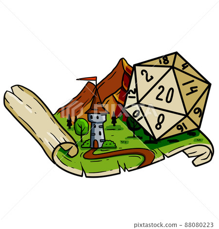 Tabletop RPG game with 20d dice. Castle fort with tower. Tabletop RPG game with 20d dice. Castle fort with tower. 88080223