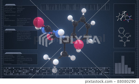 Phenobarbital molecule with description on the computer screen, 3d rendering Phenobarbital molecule with description on the computer screen, 3d rendering 88080290