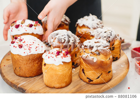 decorated panettone and cruffins. preparation easter cakes. decorated panettone and cruffins. preparation easter cakes. 88081106