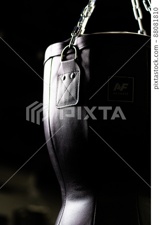 Close up, crop, copy spase bag black punching boxing training exercise, from indoors fitness for energy and sport heavy, athlete boxes. Success wall wrestling, activity black 88081810