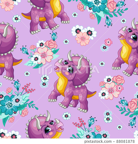Seamless tropical pattern with cute triceratops vector Seamless tropical pattern with cute triceratops vector 88081878