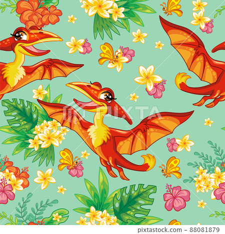 Seamless tropical pattern with cute pterodactyl vector 88081879