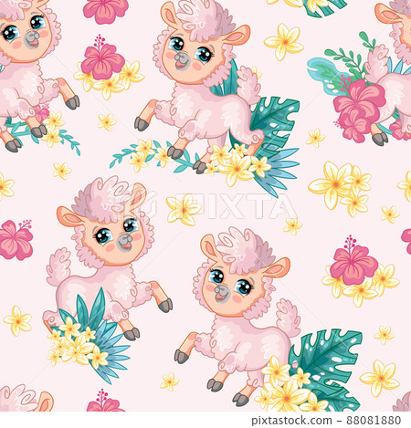 Seamless vector pattern with llama and flowers pink 88081880