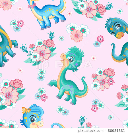 Seamless tropical pattern with cute diplodocus vector 88081881