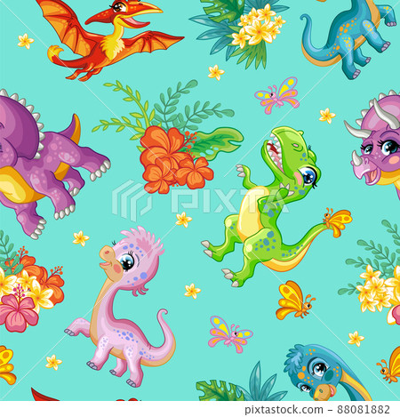 Seamless tropical pattern with cute dinosaurs vector Seamless tropical pattern with cute dinosaurs vector 88081882