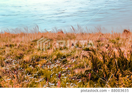 Artistic realistic illustration of toned natural floral background design with beautiful grass and river Artistic realistic illustration of toned natural floral background design with beautiful grass and river 88083635