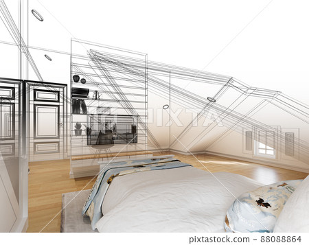 sketch design of interior attic bedroom,3d rendering sketch design of interior attic bedroom,3d rendering 88088864