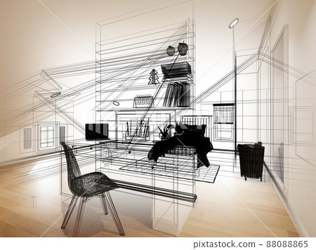 sketch design of interior attic bedroom,3d rendering sketch design of interior attic bedroom,3d rendering 88088865