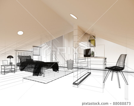 sketch design of interior attic bedroom,3d rendering sketch design of interior attic bedroom,3d rendering 88088873