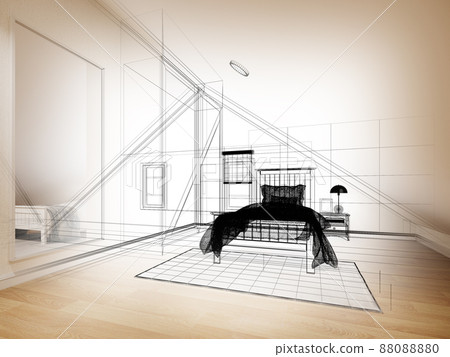 sketch design of interior attic bedroom,3d rendering sketch design of interior attic bedroom,3d rendering 88088880