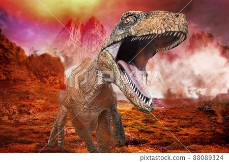一隻迅猛龍張著大嘴,露出鋒利的獠牙,在紅色、炎熱的岩石地面上奔跑。 一隻迅猛龍張著大嘴,露出鋒利的獠牙,在紅色、炎熱的岩石地面上奔跑。 88089324