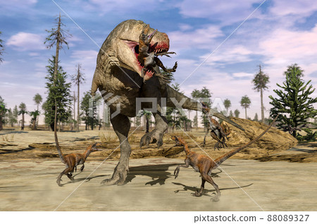 一隻巨大的暴龍為了拯救它的朋友，在藍天的平原上攻擊正在咬住迅猛龍的暴龍。 88089327
