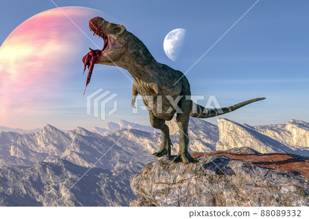 一隻暴龍站在天空中佈滿陡峭岩石山脈的土地之巔，在那裡你可以看到大月亮和行星，咆哮著吃掉獵物。 88089332