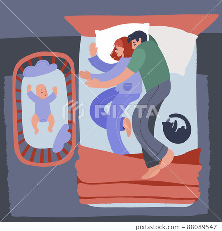 Parents sleep in bed and newborn in the cradle nearby. Parents sleep in bed and newborn in the cradle nearby. 88089547