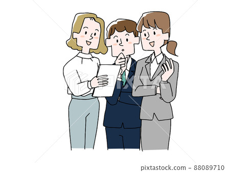 Businessmen (mixed men and women) who discuss while looking at materials Comical handwritten person Vector, line drawing and color 88089710