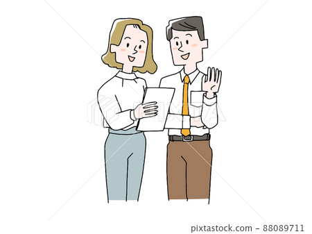 Men and women discussing while looking at materials Comical handwritten person Vector, line drawing and color 88089711