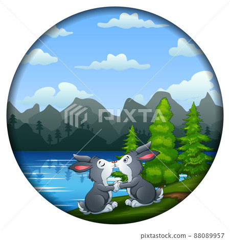 Around frame with a picture of a rabbit kissing by the lake Around frame with a picture of a rabbit kissing by the lake 88089957