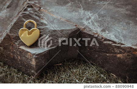 Golden heart shaped love padlock on Huge stone over grass background. Golden heart shaped love padlock on Huge stone over grass background. 88090948