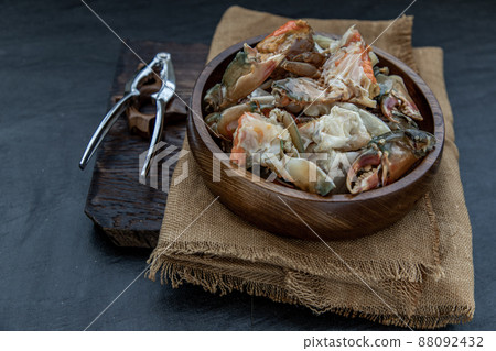 Fish sauce-fermented Horse crab and Sea Crab Egg Pickled in Fish Sauce in wooden bowl. 88092432