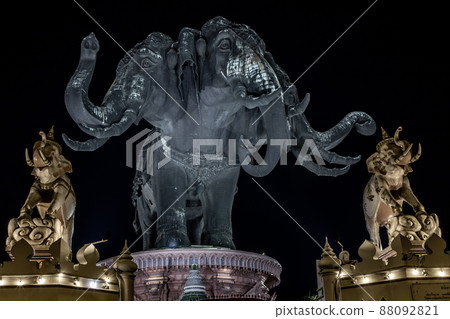 Erawan Museum is a Elephant head sculpture with 3 heads on dark night background, It is one of the important and unique tourist. Erawan Museum is a Elephant head sculpture with 3 heads on dark night background, It is one of the important and unique tourist. 88092821