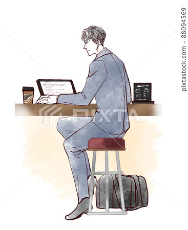 A man operating a computer at a cafe counter A man operating a computer at a cafe counter 88094569