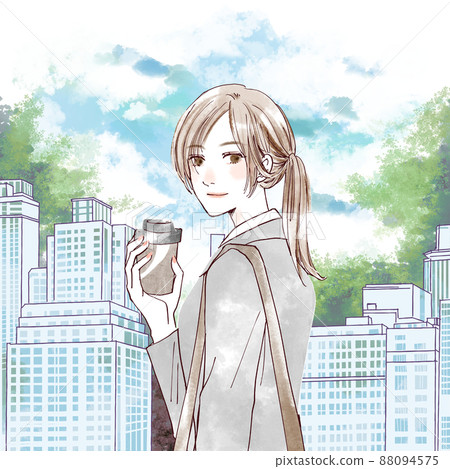 大樓前拿著外賣咖啡的女人 大樓前拿著外賣咖啡的女人 88094575