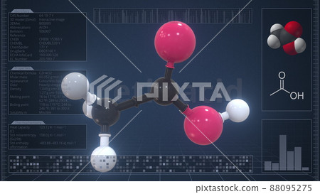 Molecule of acetic acid with infographics on the computer monitor, 3d rendering Molecule of acetic acid with infographics on the computer monitor, 3d rendering 88095275