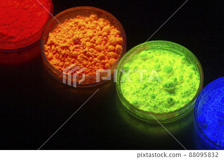 Fluorescent organic materials powder of red, yellow, green color for production OLED inside of glasses bottles in UV light. 88095832