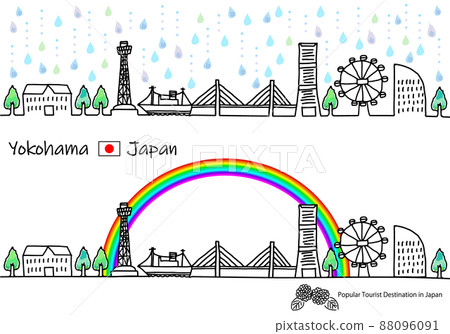 Cityscape of Yokohama tourist spot in the rainy season Simple hand-drawn line drawing set 88096091
