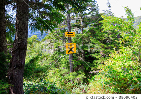 Disaster prevention sign on the mountain trail Disaster prevention sign on the mountain trail 88096402