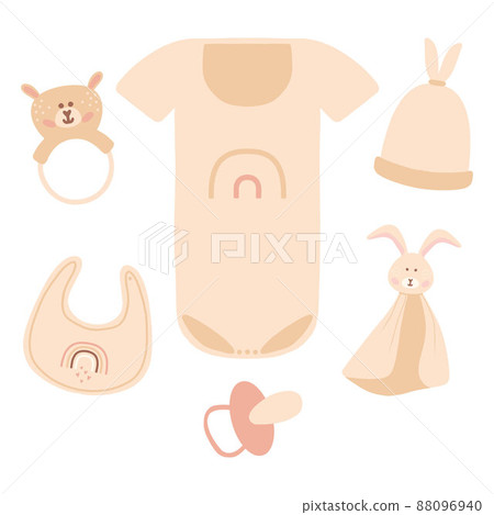 Boho outfit. Cute little girl wardrobe. Vector illustration. Accessories for newborn. Baby boho clothes, abstract boho clothes, cute minimal wear for children, clothing clipart. 88096940