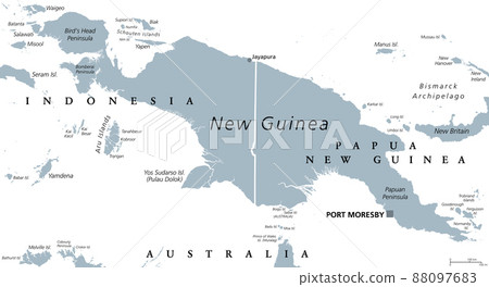 New Guinea gray political map. Second largest island in the world located in the South Pacific Ocean. The eastern half is the major landmass of Papua New Guinea. The western half is part of Indonesia. 88097683