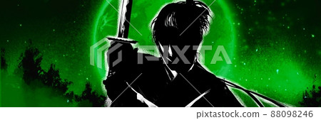 Illustration of a young samurai sword fighting against a deep forest and a suspiciously shining full moon Illustration of a young samurai sword fighting against a deep forest and a suspiciously shining full moon 88098246