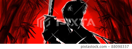 年輕的武士劍與深邃的竹林和可疑的閃耀夜空搏鬥 88098337