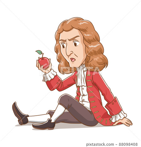 Cartoon character of Sir Isaac Newton looking at apple. 88098408