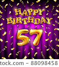 Golden number fifty seven metallic balloon. Happy Birthday message made of golden inflatable balloon. 57 number letters on pink background. fly gold ribbons with confetti. vector illustration 88098458