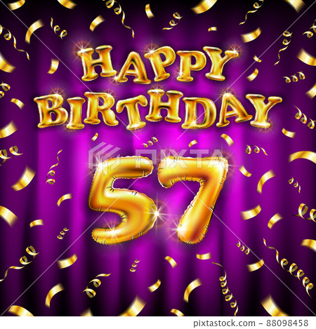 Golden number fifty seven metallic balloon. Happy Birthday message made of golden inflatable balloon. 57 number letters on pink background. fly gold ribbons with confetti. vector illustration Golden number fifty seven metallic balloon. Happy Birthday message made of golden inflatable balloon. 57 number letters on pink background. fly gold ribbons with confetti. vector illustration 88098458