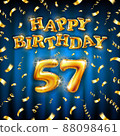 Golden number fifty seven metallic balloon. Happy Birthday message made of golden inflatable balloon. 57 number letters on blue background. fly gold ribbons with confetti. vector illustration 88098461