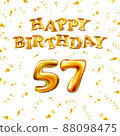 Golden number fifty seven metallic balloon. Happy Birthday message made of golden inflatable balloon. 57 number letters on white background. fly gold ribbons with confetti. vector illustration 88098475