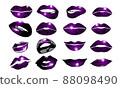 Set of 16 glamour lips, with violet lipstick colors. Vector illustration. element. Woman s lip gestures set. Girl mouths close up lipstick makeup expressing different emotions. EPS10 vector. art 88098490
