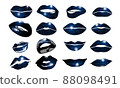 Set of 16 glamour lips, with blue lipstick colors. Vector illustration. element. Woman s lip gestures set. Girl mouths close up with blue lipstick makeup expressing different emotions. EPS10 vector 88098491