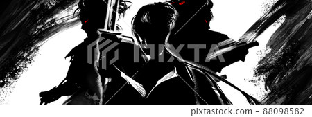 Illustration of the sword fight of young samurai who challenge the black-and-white paper-cutting style battle 88098582