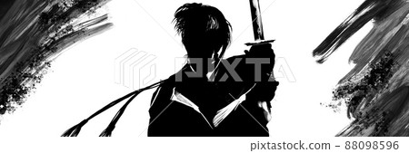 在黑白剪紙戰鬥中戰鬥的年輕武士劍的插圖 88098596