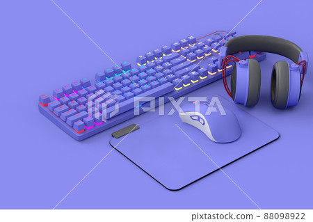 Top view of gamer workspace and gear like mouse, keyboard, headset on purple table background. 3d rendering of accessories for live streaming concept top view Top view of gamer workspace and gear like mouse, keyboard, headset on purple table background. 3d rendering of accessories for live streaming concept top view 88098922