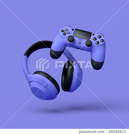 Flying gamer gears like headset, headphones and joystick on purple background. 3d rendering of accessories for live streaming concept top view Flying gamer gears like headset, headphones and joystick on purple background. 3d rendering of accessories for live streaming concept top view 88098923