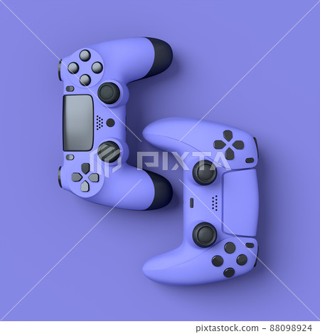 Set of lying gamer joysticks or gamepads on purple background with blur. 3d rendering of accessories for live streaming concept top view Set of lying gamer joysticks or gamepads on purple background with blur. 3d rendering of accessories for live streaming concept top view 88098924