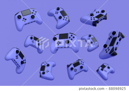 Flying gamer joysticks or gamepads on purple background with blur. 3d rendering of accessories for live streaming concept top view Flying gamer joysticks or gamepads on purple background with blur. 3d rendering of accessories for live streaming concept top view 88098925