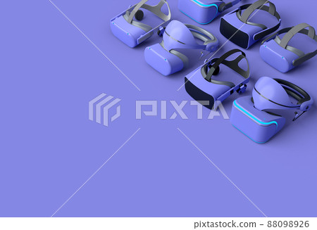 Top view virtual reality glasses for online and cloud gaming on purple background. 3D rendering of device for virtual design in augmented reality or virtual gaming in VR Top view virtual reality glasses for online and cloud gaming on purple background. 3D rendering of device for virtual design in augmented reality or virtual gaming in VR 88098926