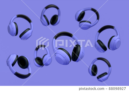 Flying gamer headphones or headset on purple background with blur. 3d rendering of accessories for live streaming concept top view 88098927