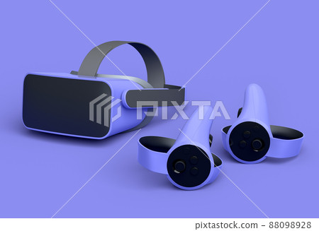 Virtual reality glasses and controllers for online and cloud gaming on purple background. 3D rendering of device for virtual design in augmented reality or virtual gaming in VR 88098928